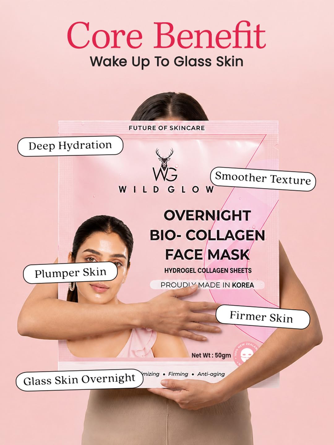 WILDGLOW Korean Glass Skin Bio-Collagen Overnight Face Mask for Deep Hydration, Pigmentation, Anti-Aging & Pore Minimizing | Hyaluronic Acid, Niacinamide, Vitamin E & Centella | Pack of 1